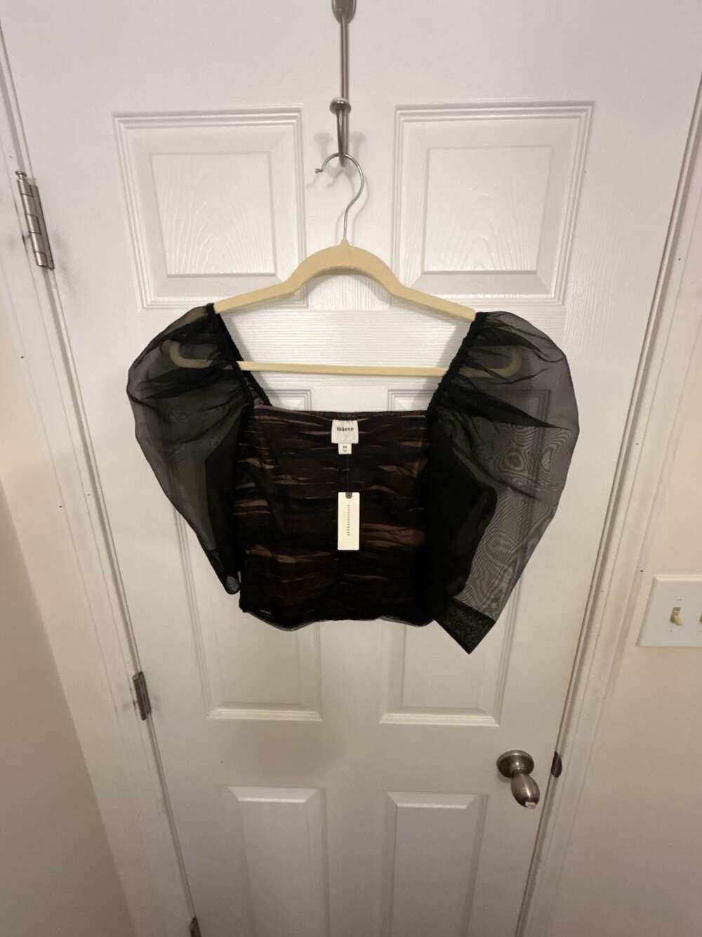 Maeve Anthropologie Black Organza Sheer Puff Sleeve Ruched Top Size XS